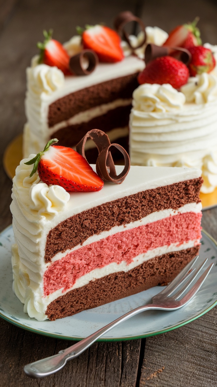 A beautiful Neapolitan layer cake with chocolate, vanilla, and strawberry layers, decorated with buttercream frosting and chocolate curls.